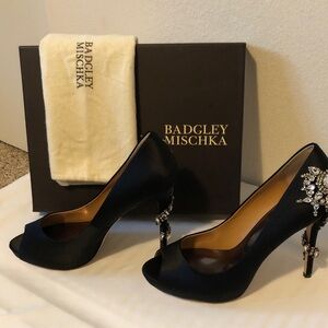 Badgley Mischka Black Satin Royal Rhinestone Embellished Heels